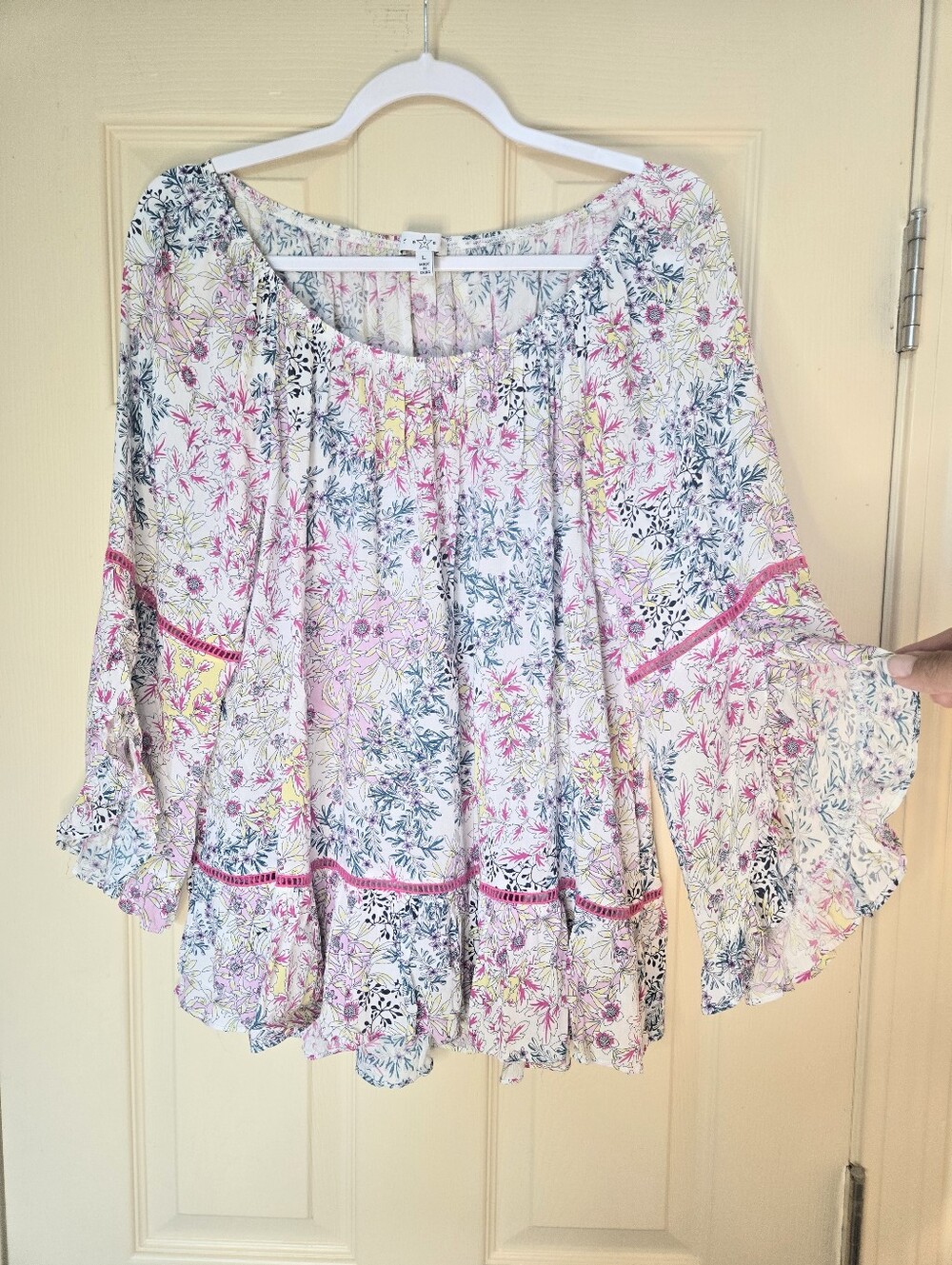 Fever Floral Peasant Blouse - Pink, Blue & Yellow